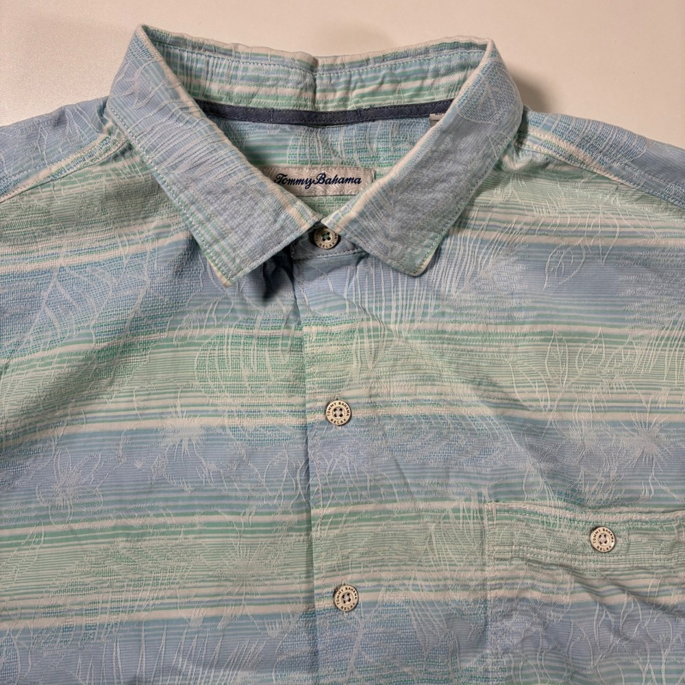 Tommy Bahama Floral Shirt XL Blue Green‎ Stripe Button Up Jacquard All Over AOP